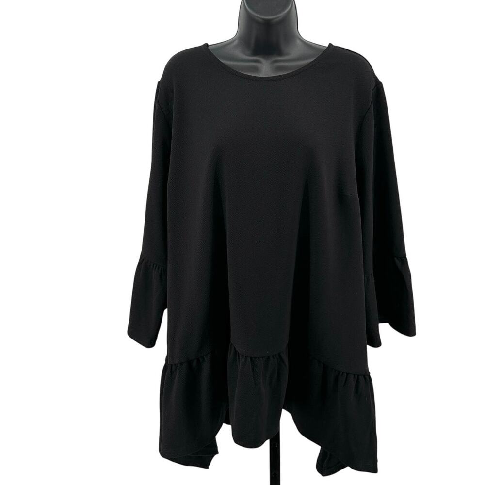 Lane Bryant Shirt Womens 22/24 Pullover Black Bell Sleeve Ruffled Hem Round Neck